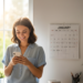 A woman smiling while looking at her phone with a calendar behind her