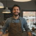 Coffee shop owner wearing apron serving customers with a smile
