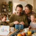 A dad smiling while opening a Father's Day gift with his wife and two kids next to him