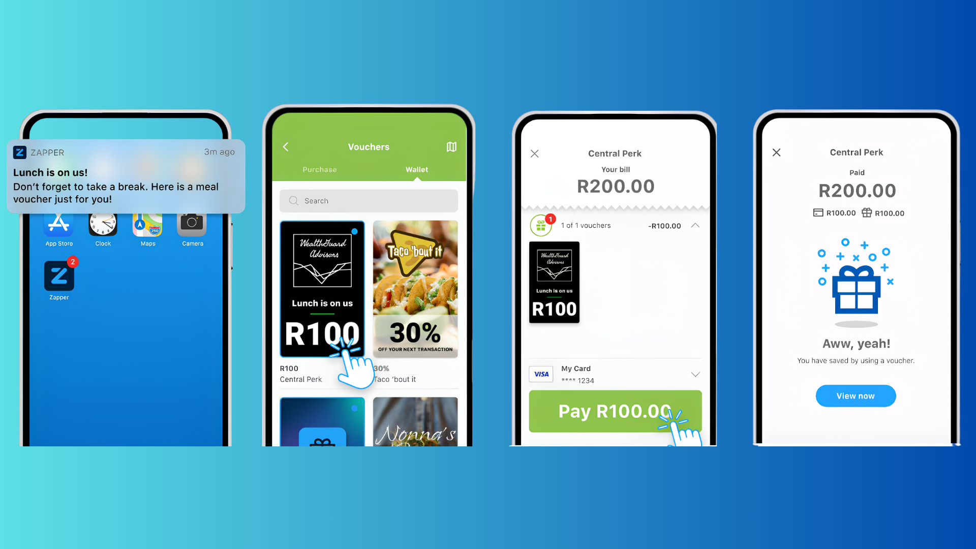 Screenshots showing step-by-step how to redeem a ZapCash voucher in the Zapper app