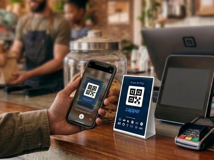 A customer scanning a QR code to pay at a South African till or counter