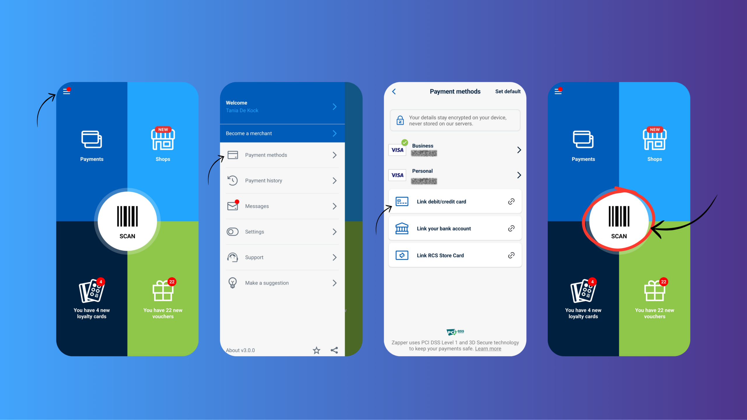Steps showing how to pay with Zapper
